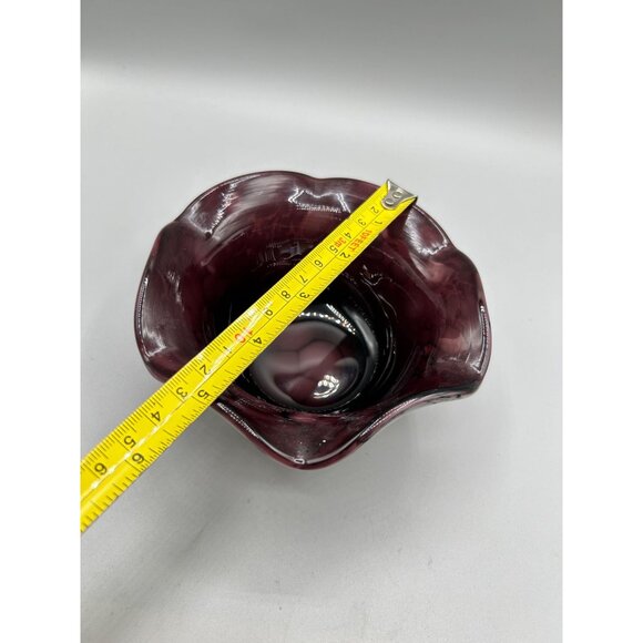 Art Glass Ruffled Edge Bowl Purple White Handmade Candle Holder Trinket Dish - Picture 9 of 10